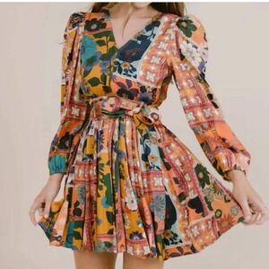 LaRoque Emma Dress Size Medium Coral Cabo Floral Patchwork Boho Mini‎ Retro Mod